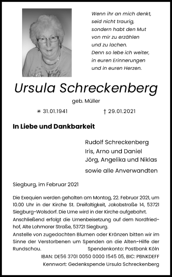 Anzeige von Ursula Schreckenberg von Kölner Stadt-Anzeiger / Kölnische Rundschau / Express