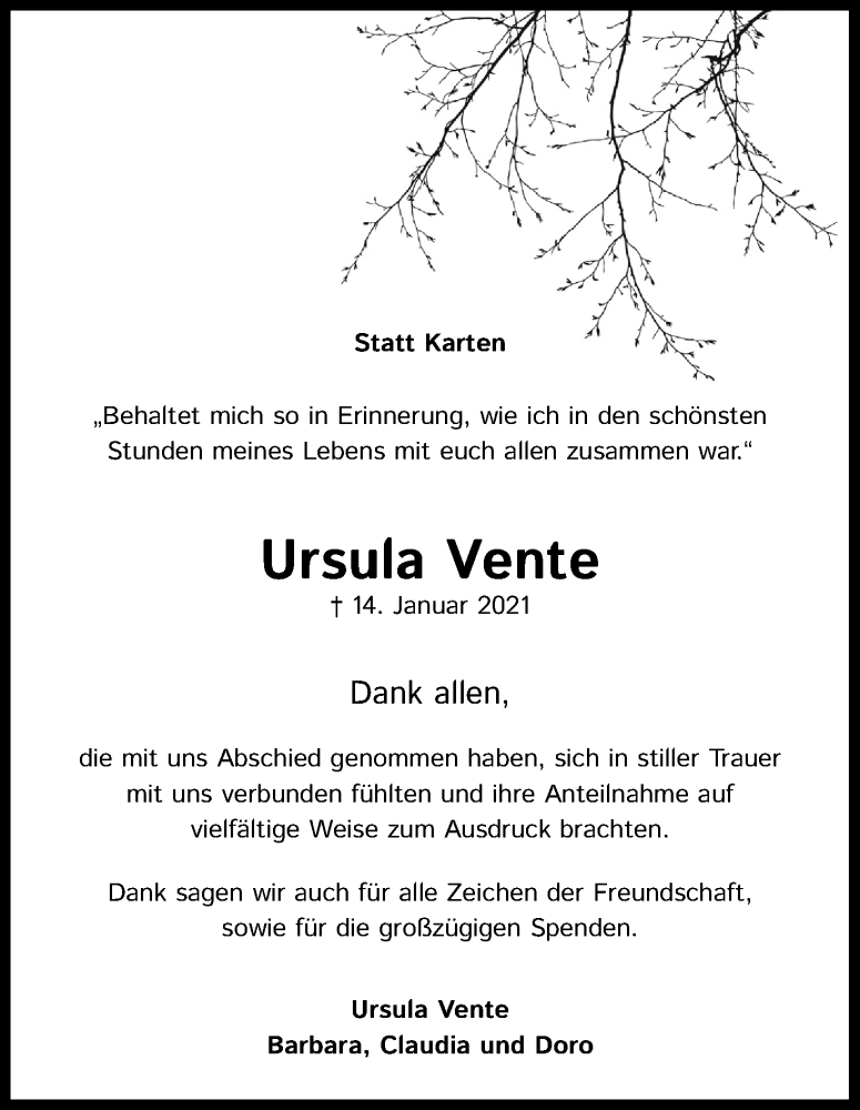  Traueranzeige für Ursula Vente vom 13.02.2021 aus Kölner Stadt-Anzeiger / Kölnische Rundschau / Express