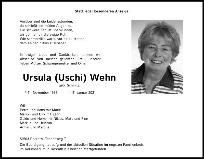  Traueranzeige für Ursula Wehn vom 06.02.2021 aus Kölner Stadt-Anzeiger / Kölnische Rundschau / Express