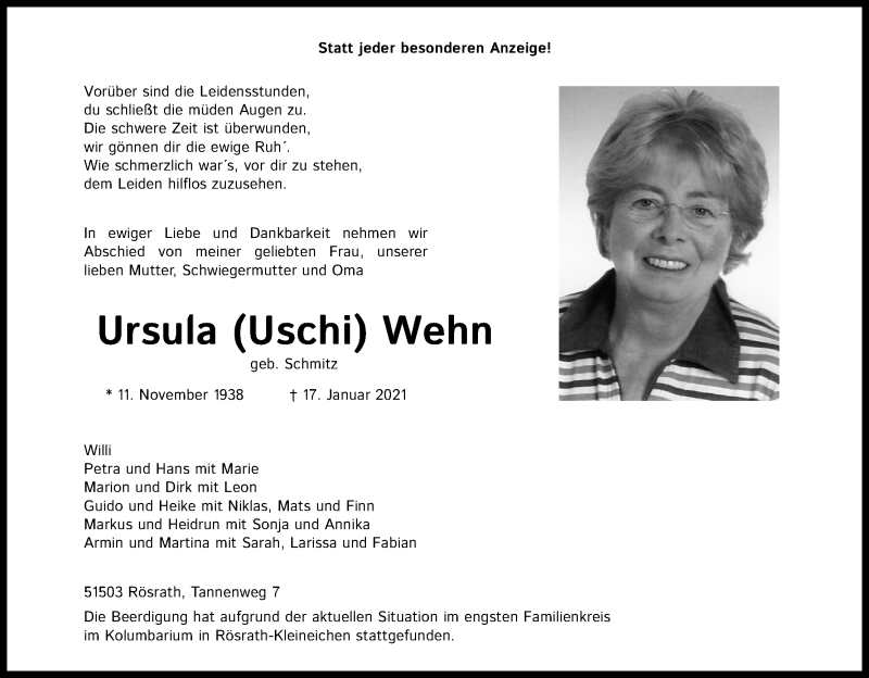  Traueranzeige für Ursula Wehn vom 13.02.2021 aus Kölner Stadt-Anzeiger / Kölnische Rundschau / Express