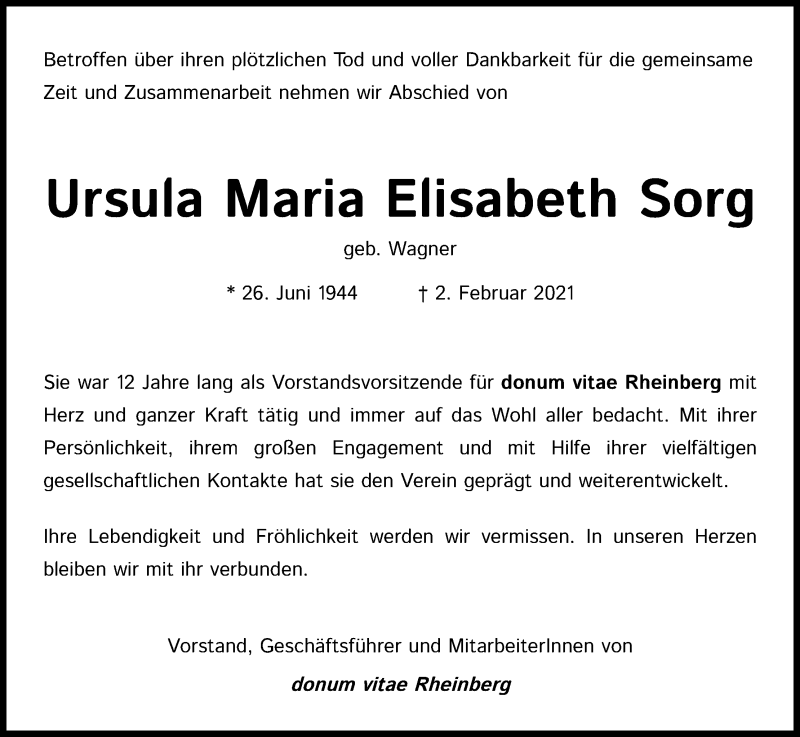  Traueranzeige für Ursula Maria Elisabeth Sorg vom 10.02.2021 aus Kölner Stadt-Anzeiger / Kölnische Rundschau / Express