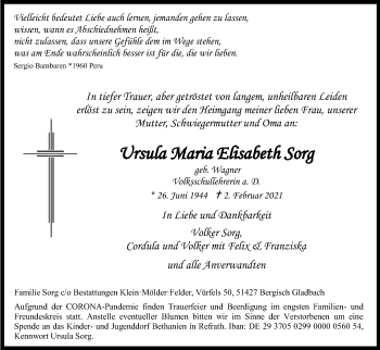 Anzeige von Ursula Maria Elisabeth Sorg von Kölner Stadt-Anzeiger / Kölnische Rundschau / Express