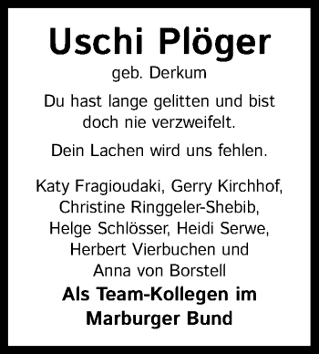 Anzeige von Uschi Plöger von Kölner Stadt-Anzeiger / Kölnische Rundschau / Express