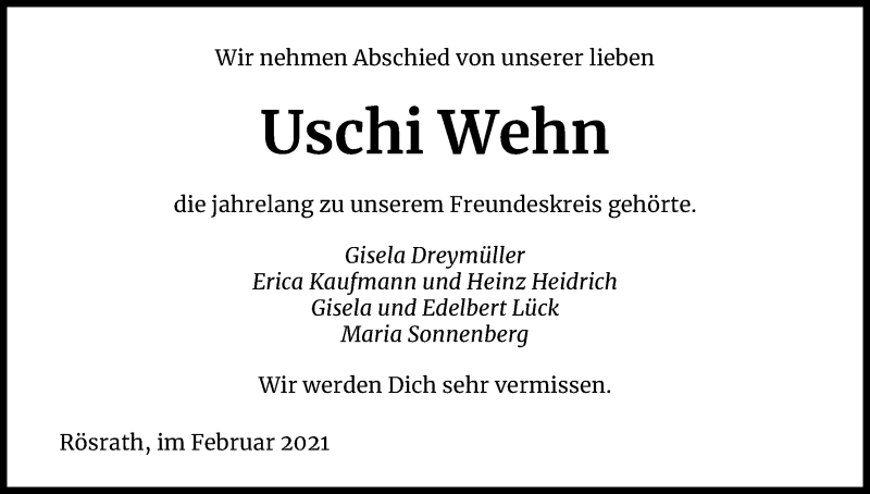  Traueranzeige für Uschi Wehn vom 06.02.2021 aus Kölner Stadt-Anzeiger / Kölnische Rundschau / Express