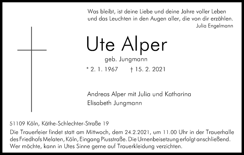  Traueranzeige für Ute Alper vom 20.02.2021 aus Kölner Stadt-Anzeiger / Kölnische Rundschau / Express