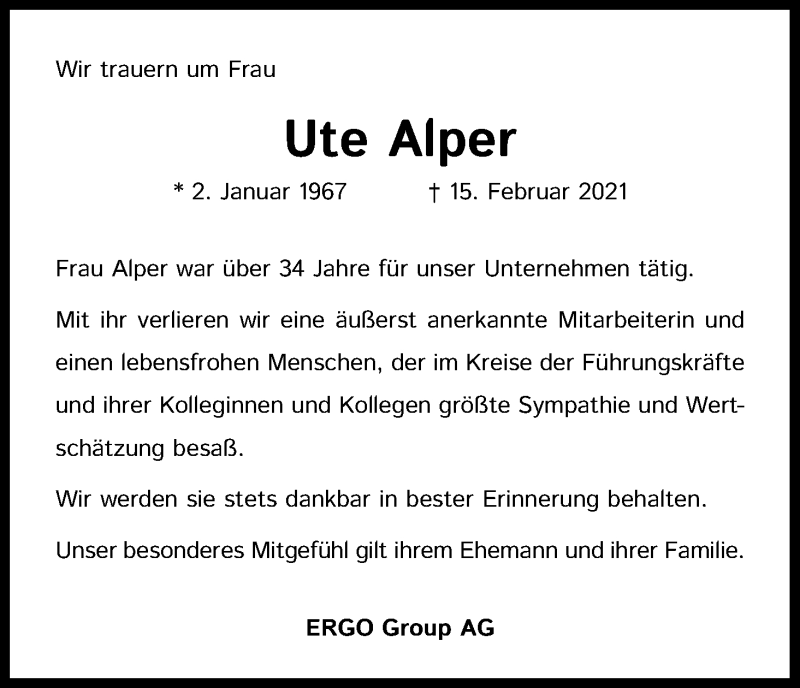  Traueranzeige für Ute Alper vom 22.02.2021 aus Kölner Stadt-Anzeiger / Kölnische Rundschau / Express