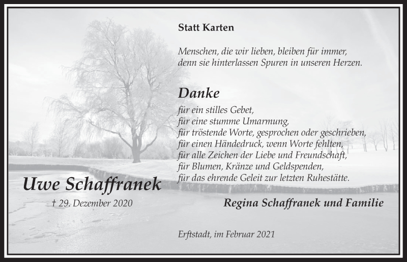  Traueranzeige für Uwe Schaffranek vom 12.02.2021 aus  Werbepost 