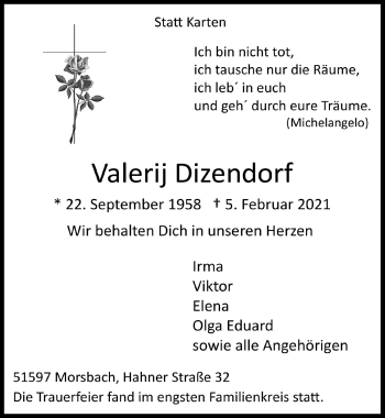 Anzeige von Valerij Dizendorf von  Lokalanzeiger 