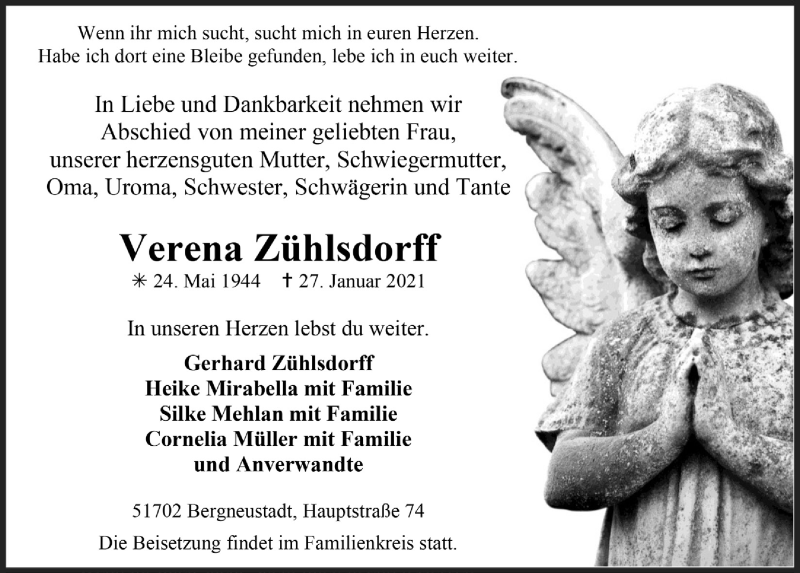  Traueranzeige für Verena Zühlsdorff vom 05.02.2021 aus  Anzeigen Echo 