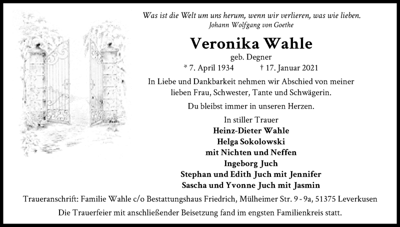  Traueranzeige für Veronika Wahle vom 06.02.2021 aus Kölner Stadt-Anzeiger / Kölnische Rundschau / Express