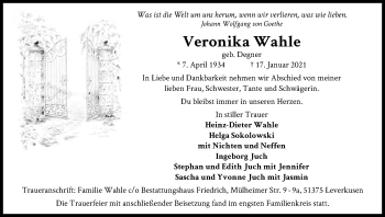 Anzeige von Veronika Wahle von Kölner Stadt-Anzeiger / Kölnische Rundschau / Express