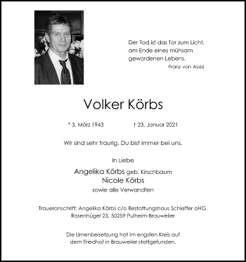 Anzeige von Volker Körbs von Kölner Stadt-Anzeiger / Kölnische Rundschau / Express