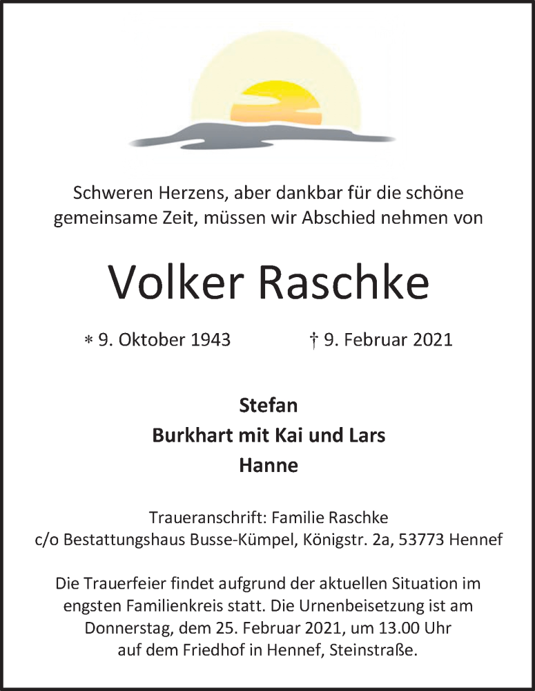  Traueranzeige für Volker Raschke vom 20.02.2021 aus Kölner Stadt-Anzeiger / Kölnische Rundschau / Express