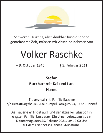 Anzeige von Volker Raschke von Kölner Stadt-Anzeiger / Kölnische Rundschau / Express