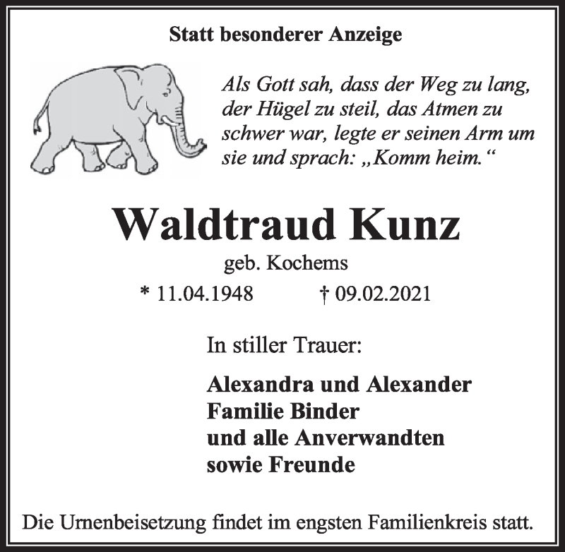  Traueranzeige für Waldtraud Kunz vom 19.02.2021 aus  Werbepost 