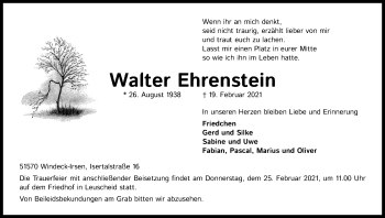 Anzeige von Walter Ehrenstein von Kölner Stadt-Anzeiger / Kölnische Rundschau / Express