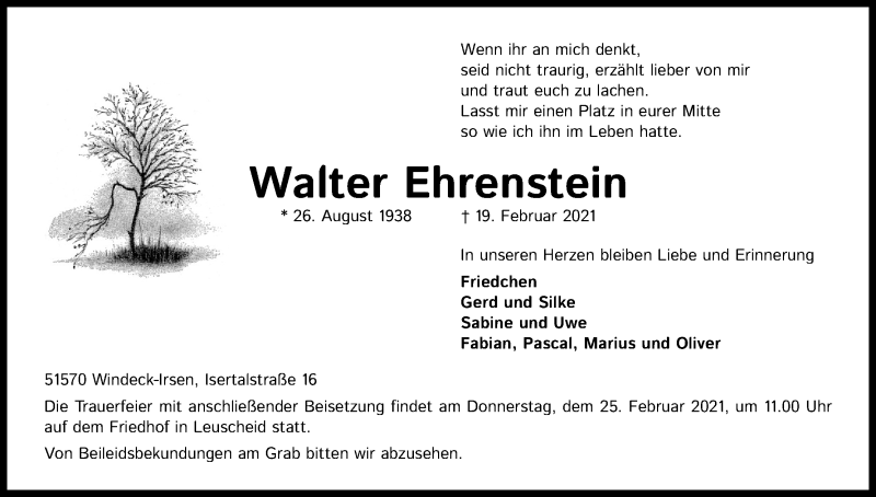  Traueranzeige für Walter Ehrenstein vom 23.02.2021 aus Kölner Stadt-Anzeiger / Kölnische Rundschau / Express