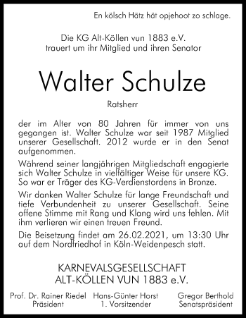 Anzeige von Walter Schulze von Kölner Stadt-Anzeiger / Kölnische Rundschau / Express