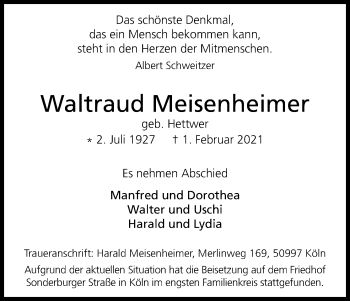 Anzeige von Waltraud Meisenheimer von Kölner Stadt-Anzeiger / Kölnische Rundschau / Express