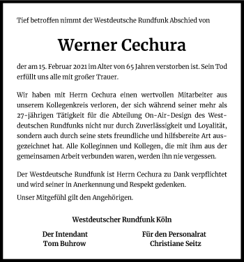 Anzeige von Werner Cechura von Kölner Stadt-Anzeiger / Kölnische Rundschau / Express