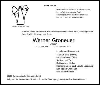 Anzeige von Werner Groneuer von Kölner Stadt-Anzeiger / Kölnische Rundschau / Express