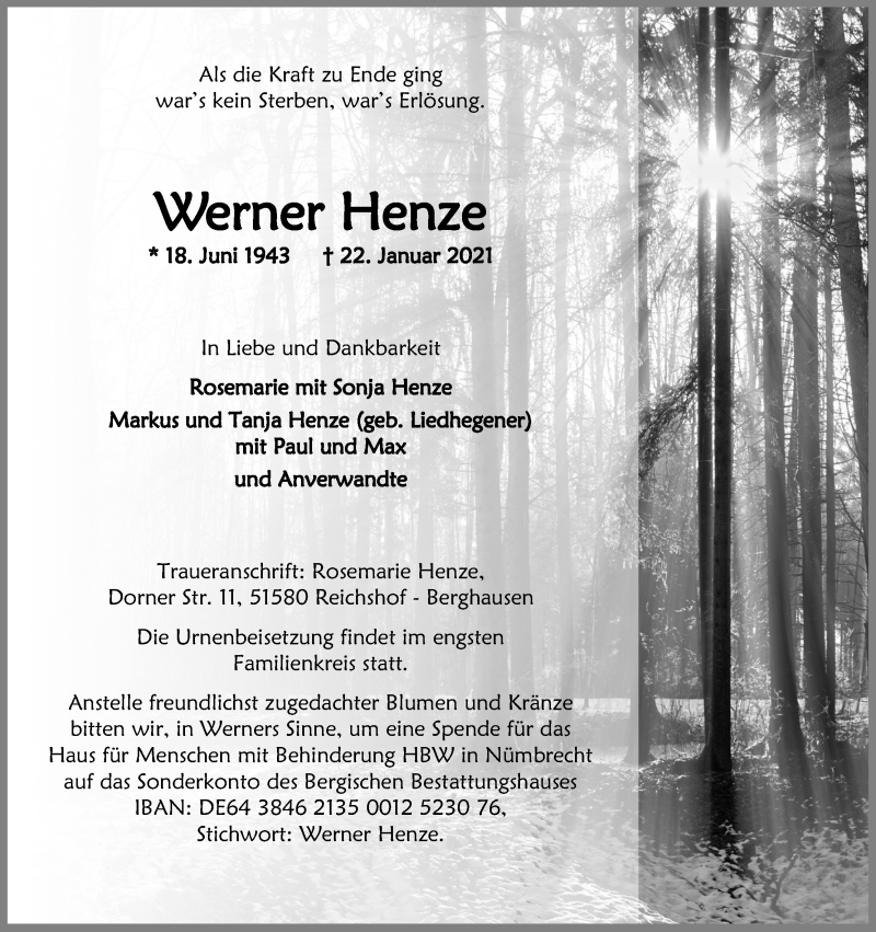  Traueranzeige für Werner Henze vom 03.02.2021 aus Kölner Stadt-Anzeiger / Kölnische Rundschau / Express