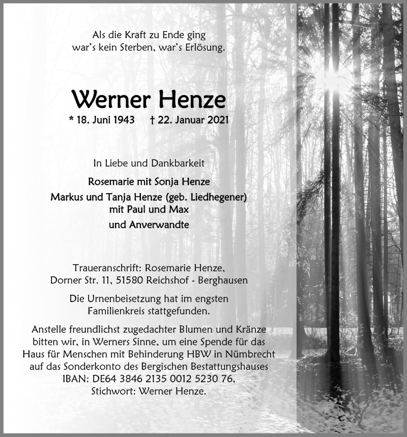  Traueranzeige für Werner Henze vom 05.02.2021 aus  Anzeigen Echo 