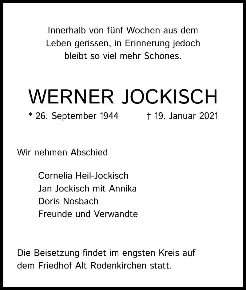  Traueranzeige für Werner Jockisch vom 06.02.2021 aus Kölner Stadt-Anzeiger / Kölnische Rundschau / Express