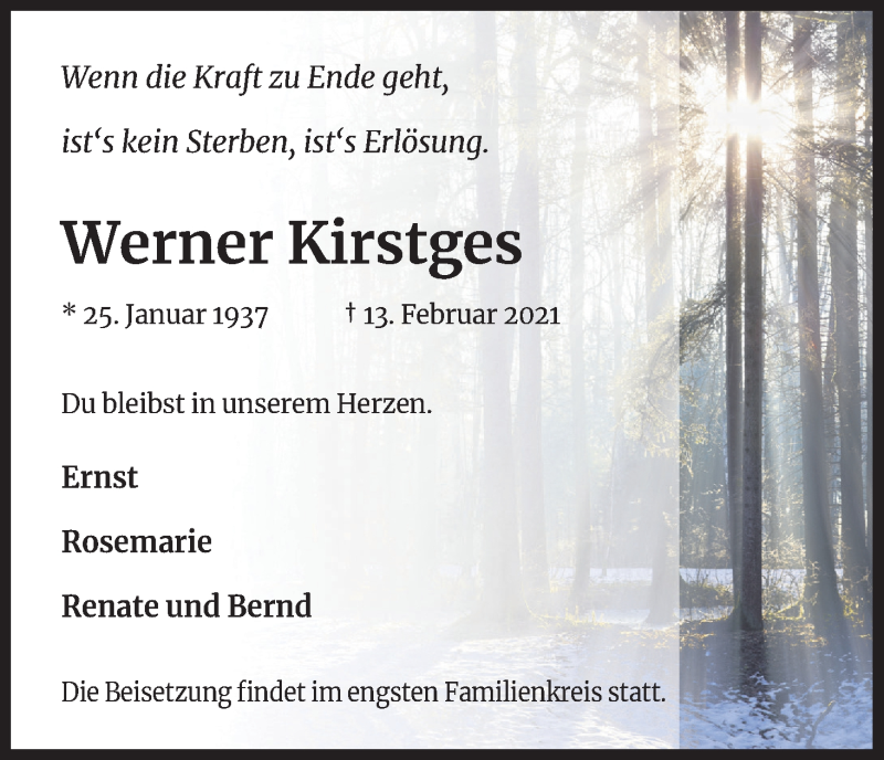  Traueranzeige für Werner Kirstges vom 20.02.2021 aus Kölner Stadt-Anzeiger / Kölnische Rundschau / Express