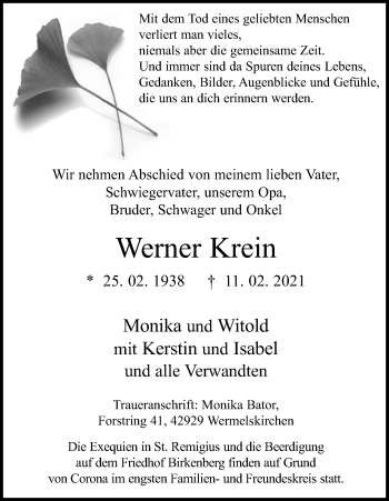 Anzeige von Werner Krein von Kölner Stadt-Anzeiger / Kölnische Rundschau / Express