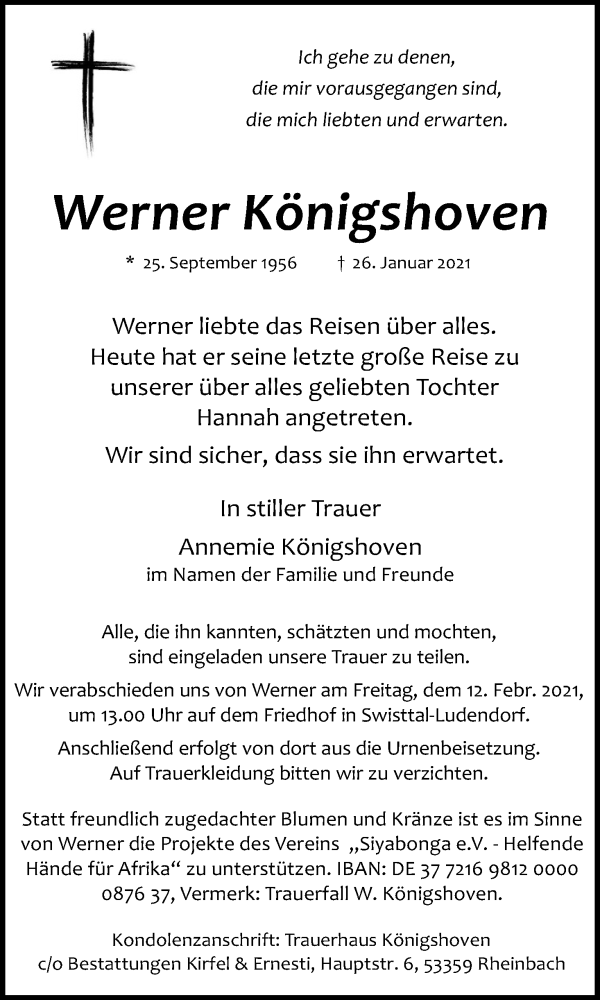  Traueranzeige für Werner Königshoven vom 06.02.2021 aus Kölner Stadt-Anzeiger / Kölnische Rundschau / Express
