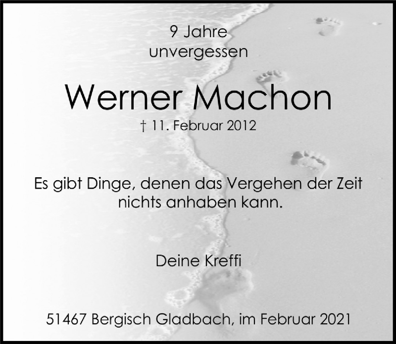  Traueranzeige für Werner Machon vom 12.02.2021 aus  Bergisches Handelsblatt 
