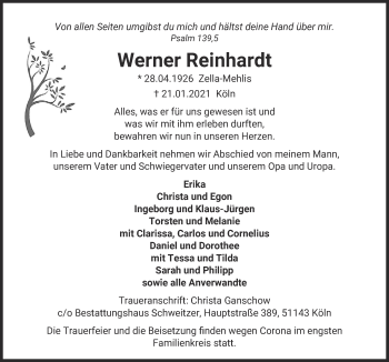 Anzeige von Werner Reinhardt von  Kölner Wochenspiegel 