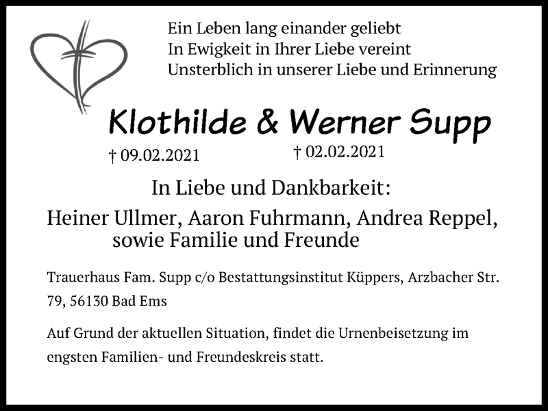  Traueranzeige für Werner Supp vom 13.02.2021 aus Kölner Stadt-Anzeiger / Kölnische Rundschau / Express