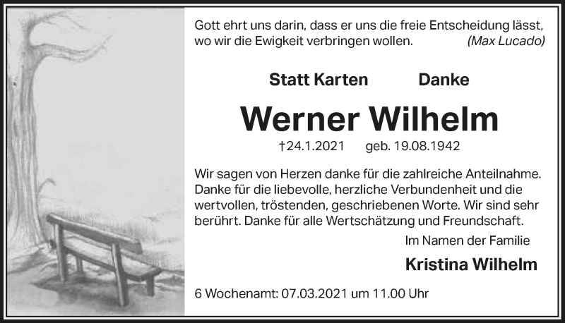  Traueranzeige für Werner Wilhelm vom 26.02.2021 aus  Lokalanzeiger 