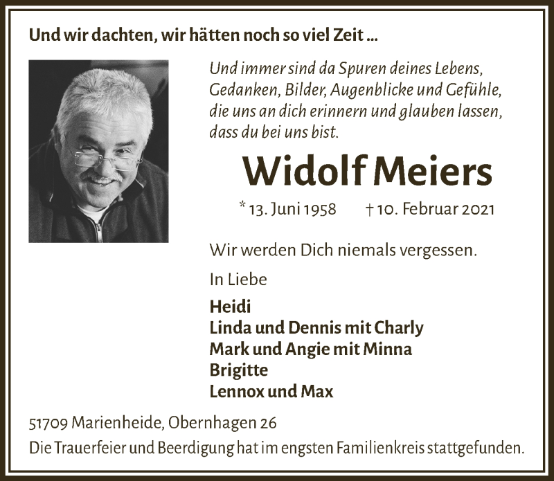  Traueranzeige für Widolf Meiers vom 19.02.2021 aus  Anzeigen Echo 