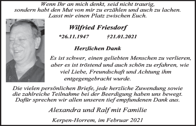  Traueranzeige für Wilfried Friesdorf vom 19.02.2021 aus  Werbepost 