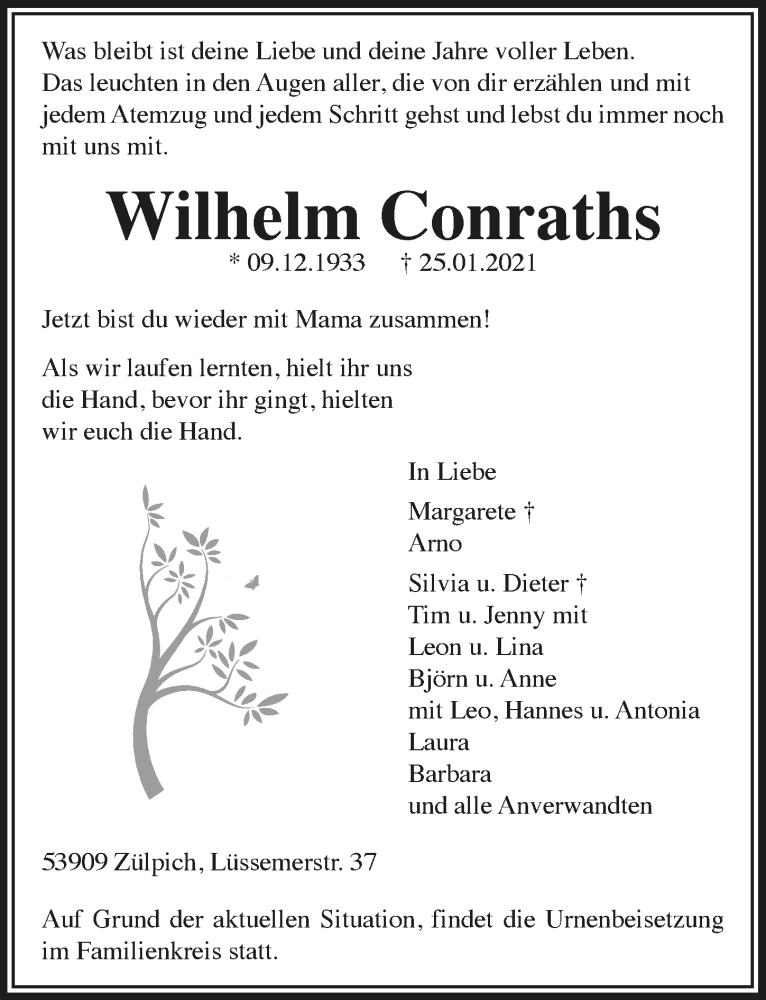  Traueranzeige für Wilhelm Conraths vom 06.02.2021 aus  Blickpunkt Euskirchen 