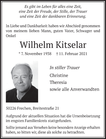 Anzeige von Wilhelm Kitselar von  Wochenende 