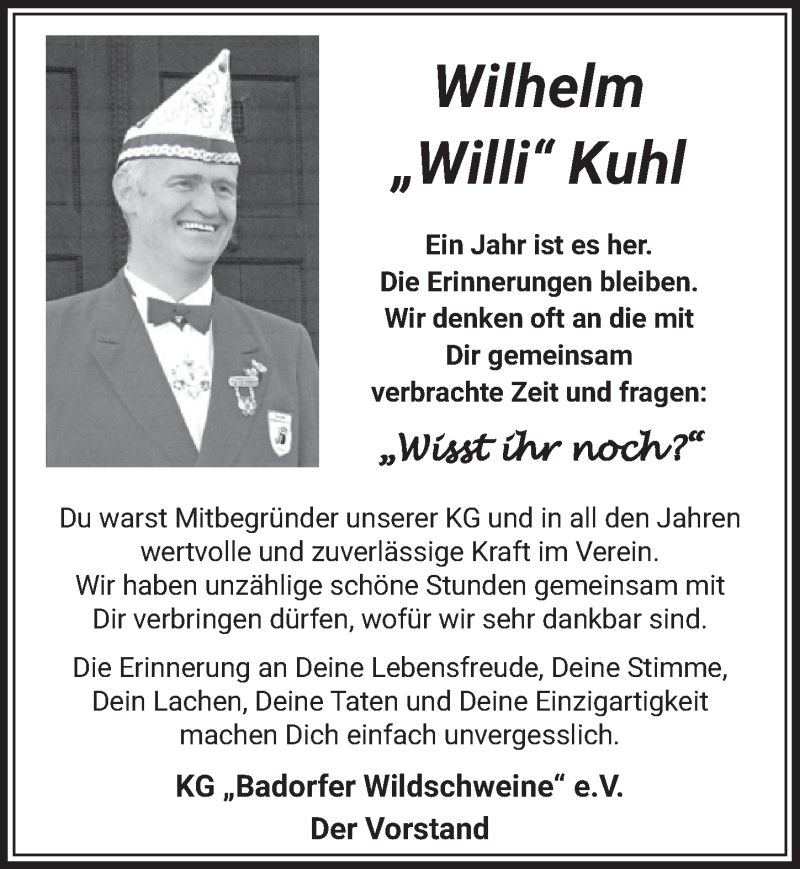 Traueranzeige für Wilhelm Kuhl vom 19.02.2021 aus  Schlossbote/Werbekurier 