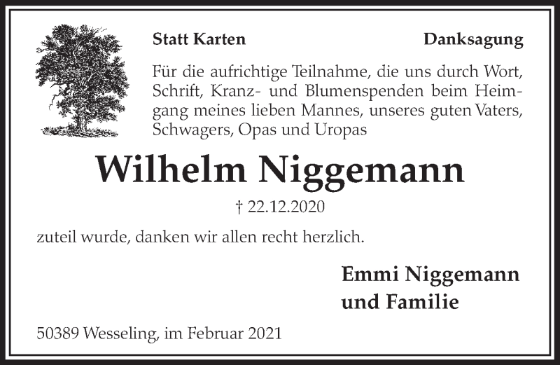  Traueranzeige für Wilhelm Niggemann vom 26.02.2021 aus  Schlossbote/Werbekurier 