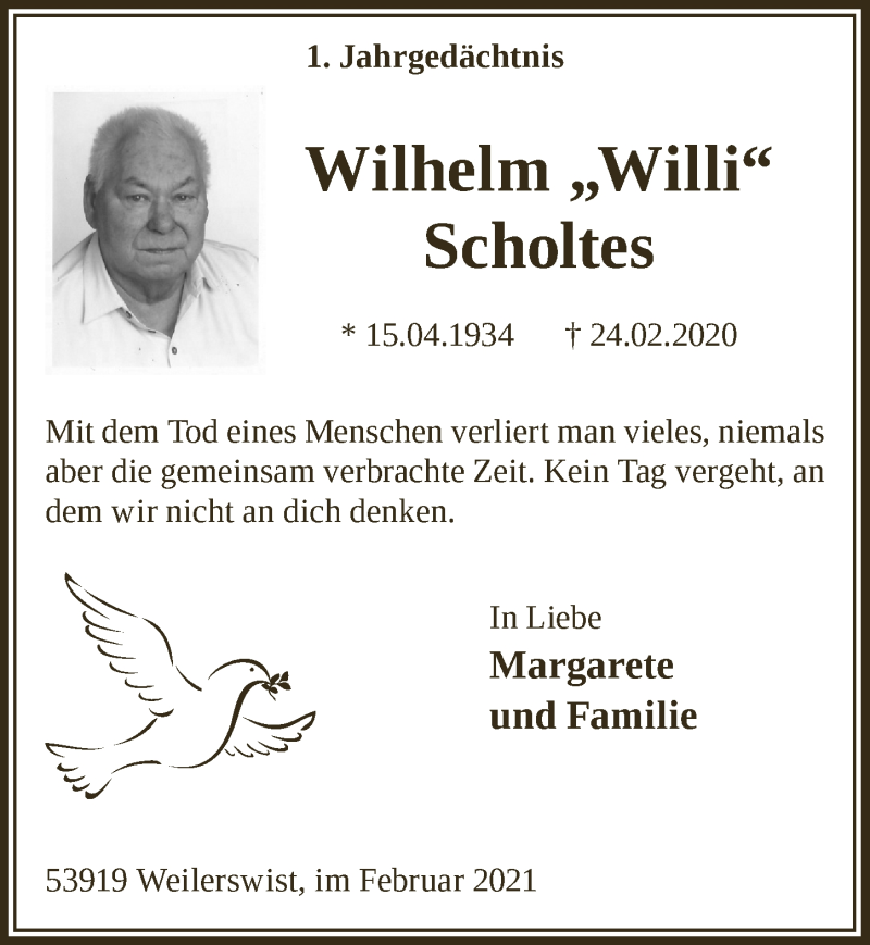  Traueranzeige für Wilhelm Scholtes vom 20.02.2021 aus  Blickpunkt Euskirchen 