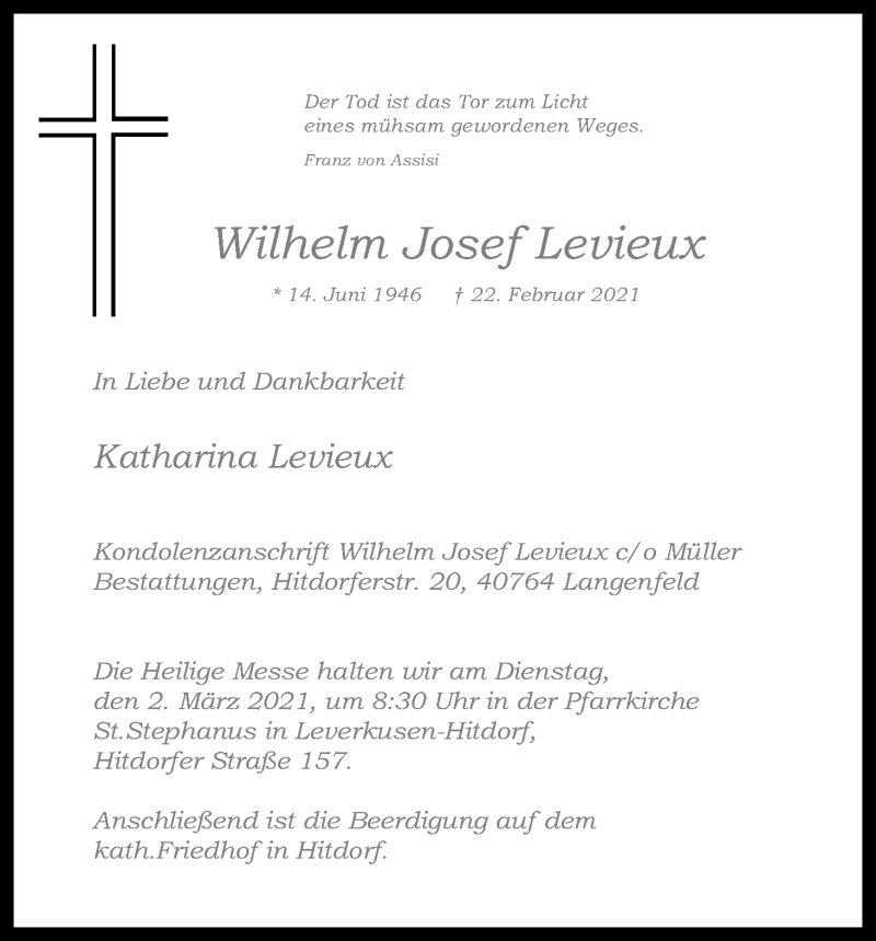  Traueranzeige für Wilhelm Josef Levieux vom 27.02.2021 aus Kölner Stadt-Anzeiger / Kölnische Rundschau / Express