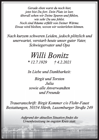 Anzeige von Willi Bonitz von  Werbepost 