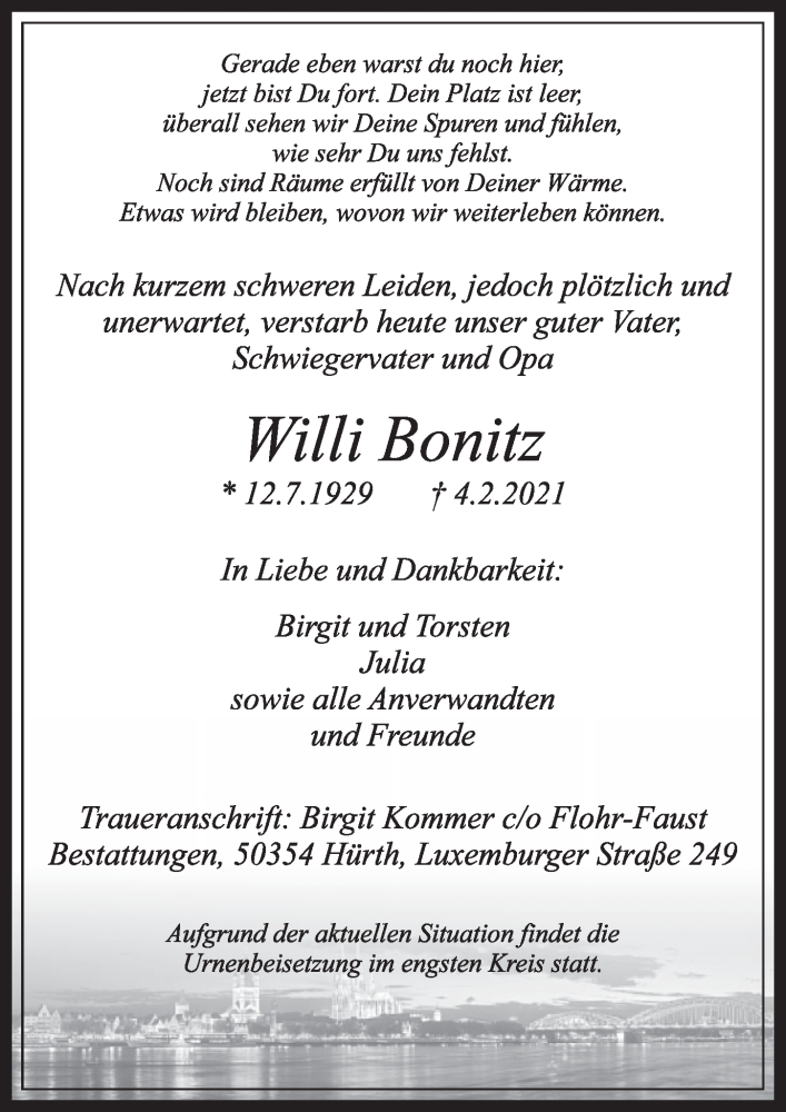  Traueranzeige für Willi Bonitz vom 12.02.2021 aus  Werbepost 