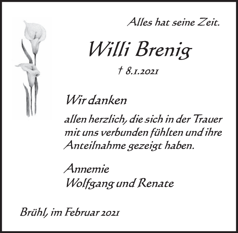  Traueranzeige für Willi Brenig vom 05.02.2021 aus  Schlossbote/Werbekurier 