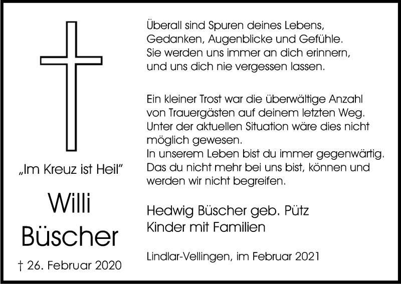  Traueranzeige für Willi Büscher vom 27.02.2021 aus Kölner Stadt-Anzeiger / Kölnische Rundschau / Express