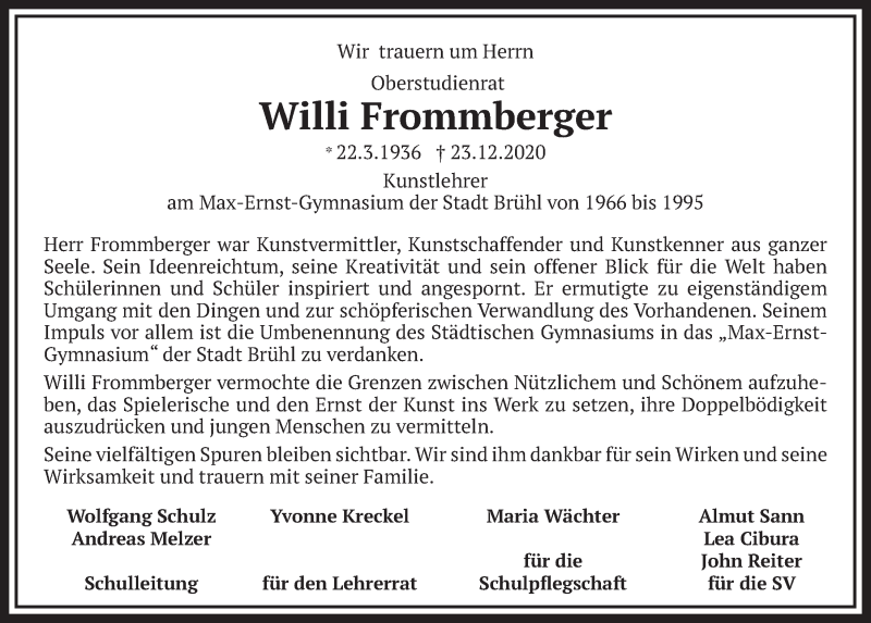  Traueranzeige für Willi Frommberger vom 26.02.2021 aus  Schlossbote/Werbekurier 