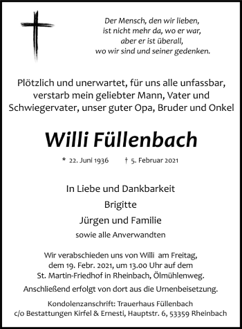 Anzeige von Willi Füllenbach von  Schaufenster/Blickpunkt 