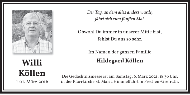  Traueranzeige für Willi Köllen vom 26.02.2021 aus  Wochenende 